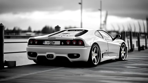 White Ferrari sports car on waterfront boardwalk at dusk.