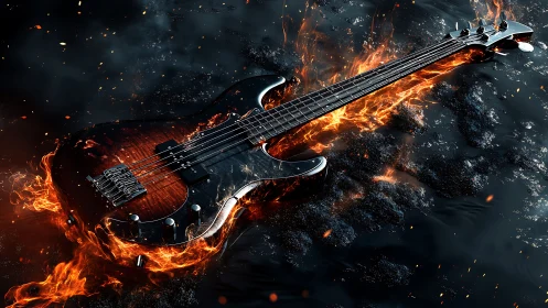 Electric bass guitar surrounded by stylized flames in darkness.