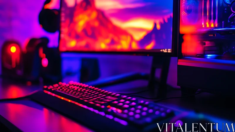 RGB backlit gaming keyboard on desk in dark setup