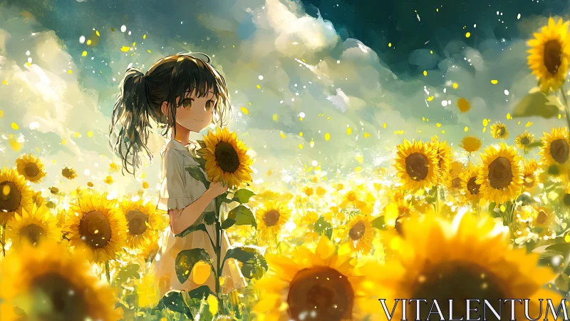 Sun-dazed girl wandering a glitter-bright sunflower ocean.