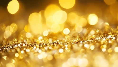 Defocused macro view shows aligned golden glitter bokeh