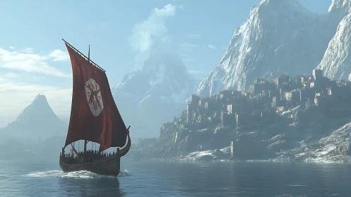 Digital painting of Viking longship before icy mountain citadel.
