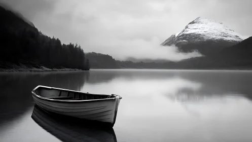 Lonely rowboat on calm misty lake below snowy mountain.