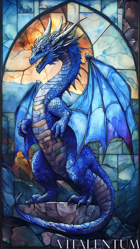 Blue scaled dragon depicted in arched stained glass window