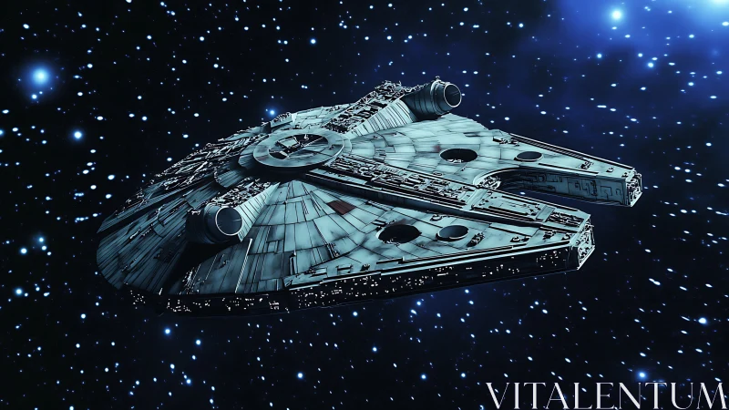 Iconic disc-shaped starship cruises through deep space.