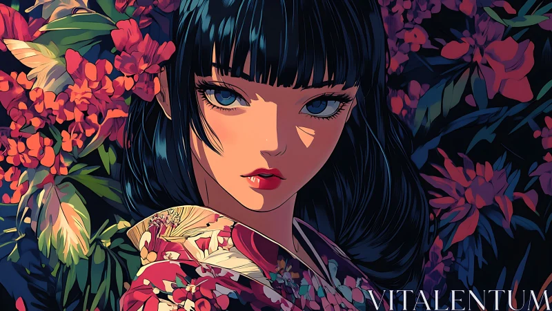 Elegant kimono girl gazes intensely amid lush florals.