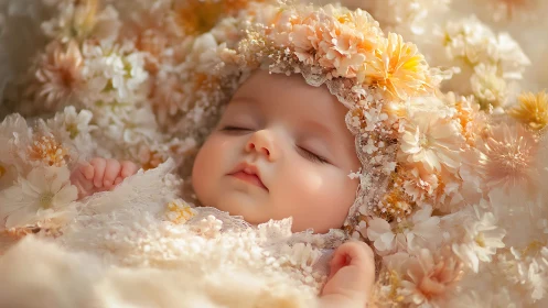 Sleeping Infant Enveloped in Blooming Floral Composition.