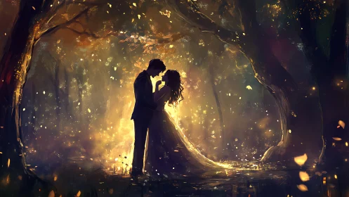 Silhouetted couple in luminescent forest setting.