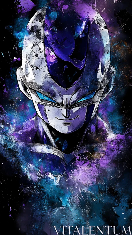 Cel-shaded armored alien bust in violet nebula ink splatter