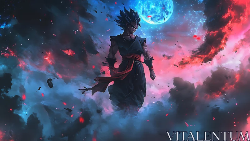 Lunar-backlit warrior suspended in ionized nebular storm.