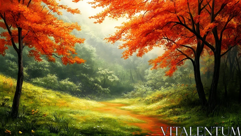 Crimson Woodland Stream: Autumn's Golden Canopy.