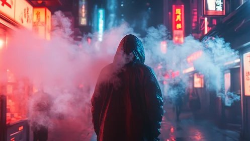 Hooded figure in neon vapor corridor with chromatic haze mapping.