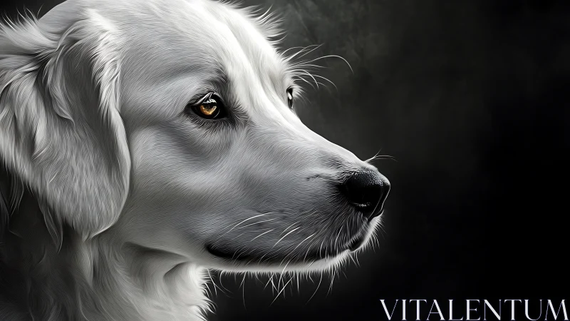 Digital side-profile rendering shows detailed white dog portrait