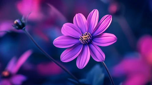 Purple cosmos flower with golden center against soft focus background.