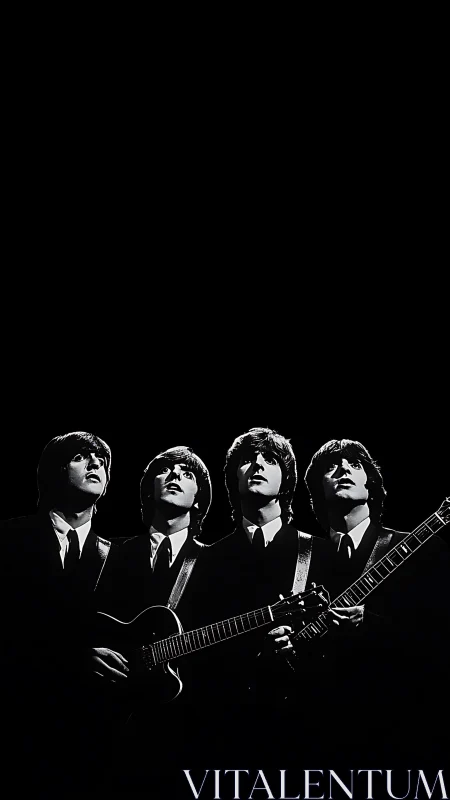 Timeless quartet under stage lights in crisp monochrome.