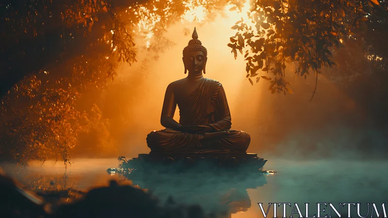 Golden forest meditation with serene Buddha over water.