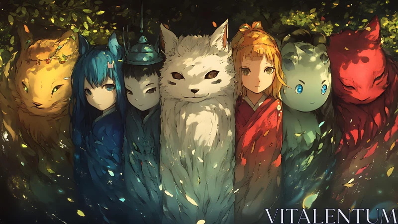 Forest spirit lineup of fox guardians and quiet shrine kids.