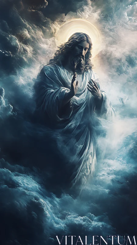 Gentle holy figure emerges softly from swirling silver clouds