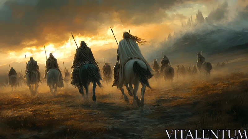 Riders on horseback advance toward distant misty citadel.