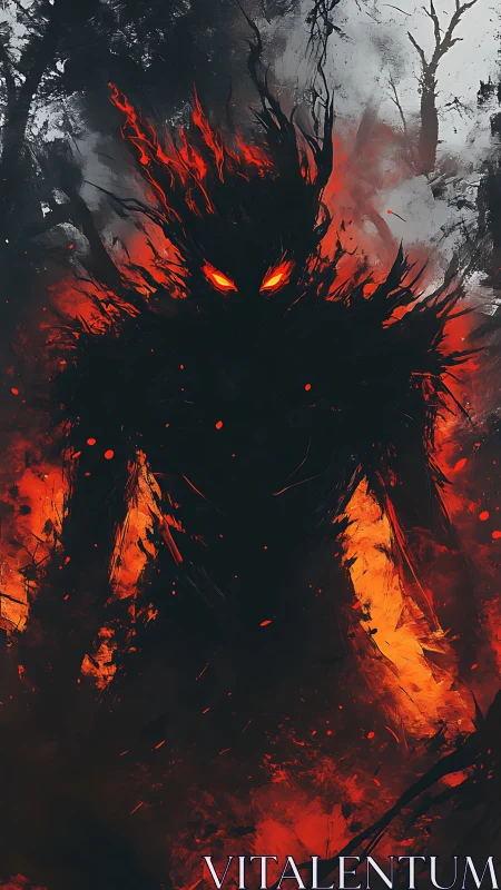 Infernal shadow wreathed in flame within burning forest.