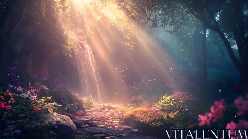 Sunlit fae waterfall glows through a dreamlit forest veil.