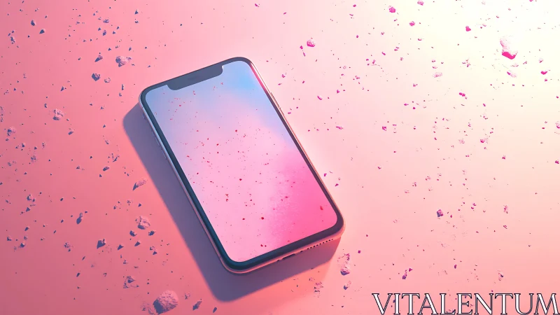Softly glowing smartphone rests in a dreamy pink dust field