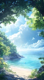 Sunlit tropical cove with clear water framed by dense trees