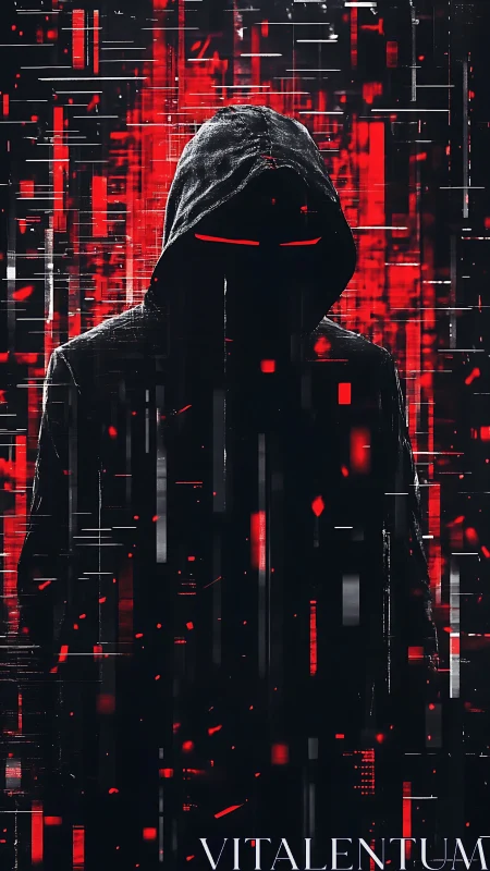 Hooded cyber phantom stalks glitching red data storm.