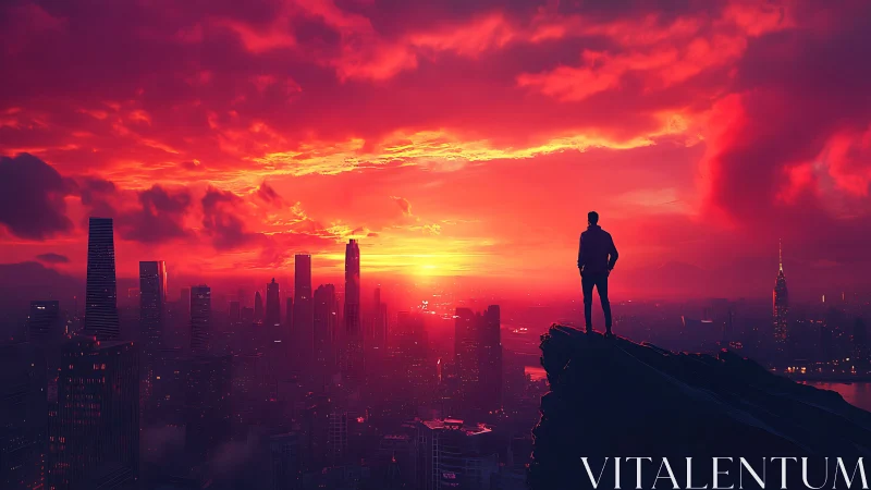 Lone silhouette watches neon city ignite under blazing sunset