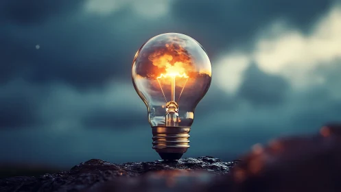 Storm-lit glass bulb cradling a molten sunrise of ideas.