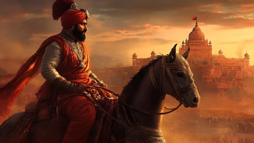 Warrior king on horseback before fortress at sunset.