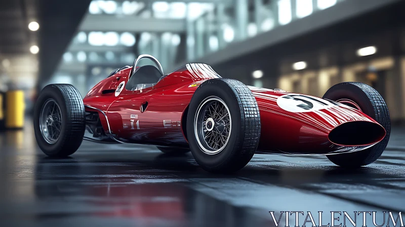 Red vintage Formula racing car in modern garage interior.