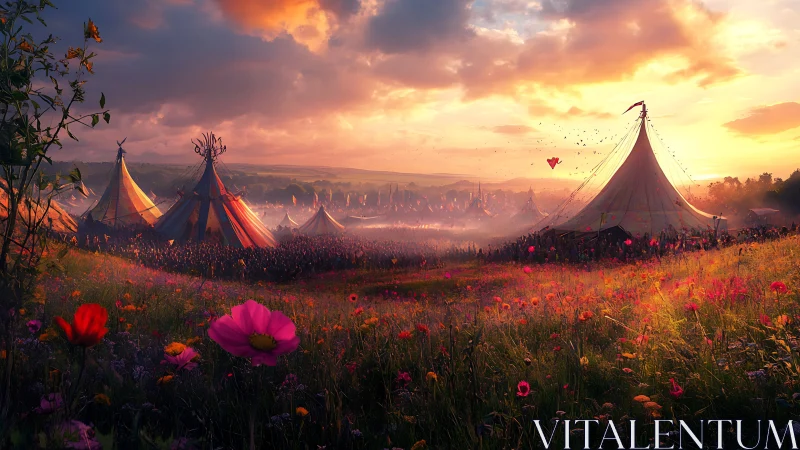 Sunlit festival encampment with floral foreground and volumetric haze