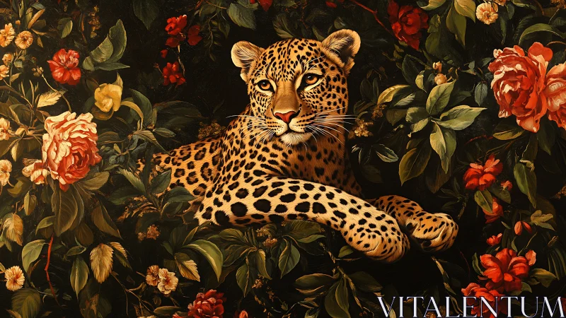 Leopard Resting Among Flowering Botanical Background.