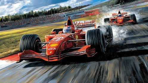 Dynamic Formula 1 cornering rendered in high-energy digital brushwork