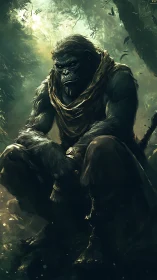 Brooding jungle warlord gorilla draped in tattered gold cloth.