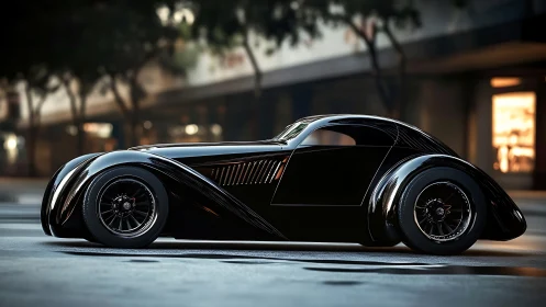 Black retro coupe parked on a modern city street at dusk.