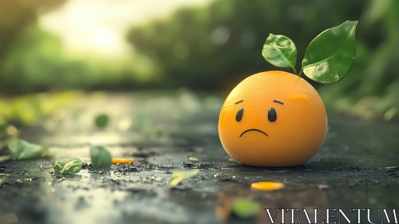 Melancholic orange character on wet ground in soft bokeh light.