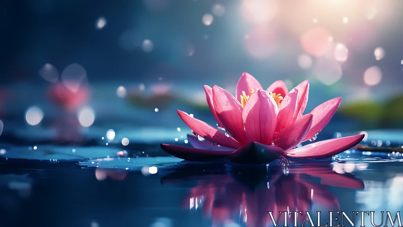 Luminous pink water lily drifting on reflective twilight pond.