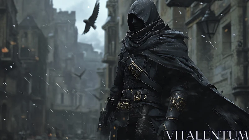 Mysterious cloaked wanderer crossing a stormy stone city.