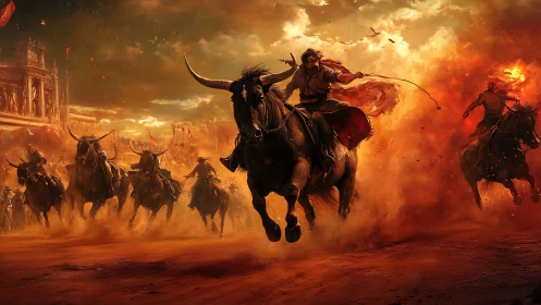 Warrior cavalry charge through fiery cinematic dust storm.