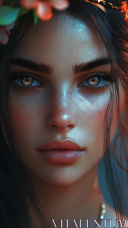 Sunlit freckled muse with ember-lit eyes in soft bloom.