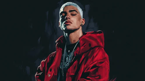 Stylized digital portrait emphasizes red jacket and strong chiaroscuro