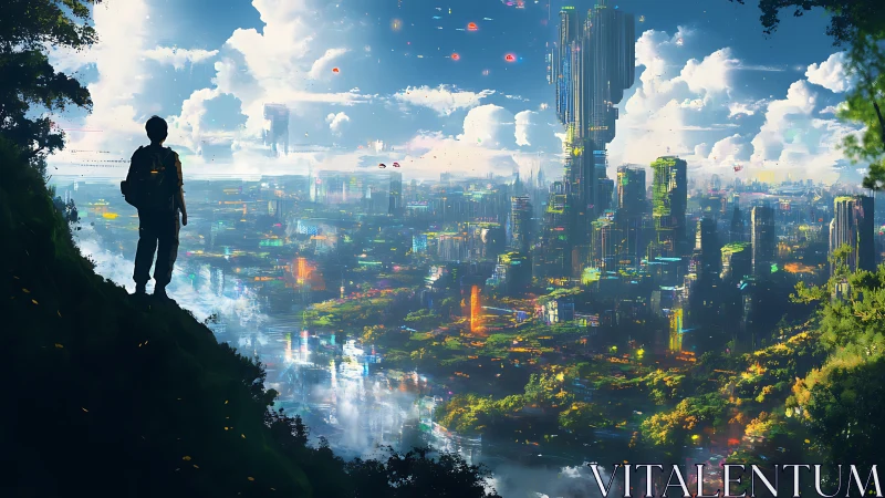 Lone traveler observes luminous futuristic eco-city skyline.