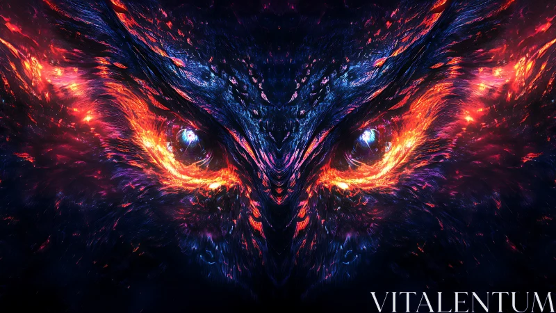 Fractal plasma owl visage with bilateral chromatic turbulence.