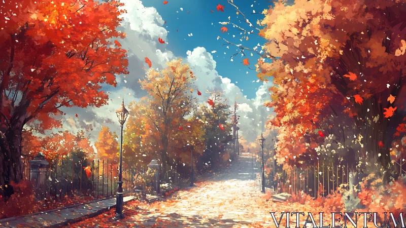 Tree lined autumn pathway under bright sky with falling leaves