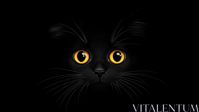 Black Cat with Golden Eyes on Dark Background.