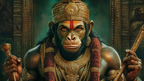 Simian deity portrait with hyper-detailed regalia rendering.