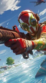 Helmeted water combat figure in dynamic low-angle view.