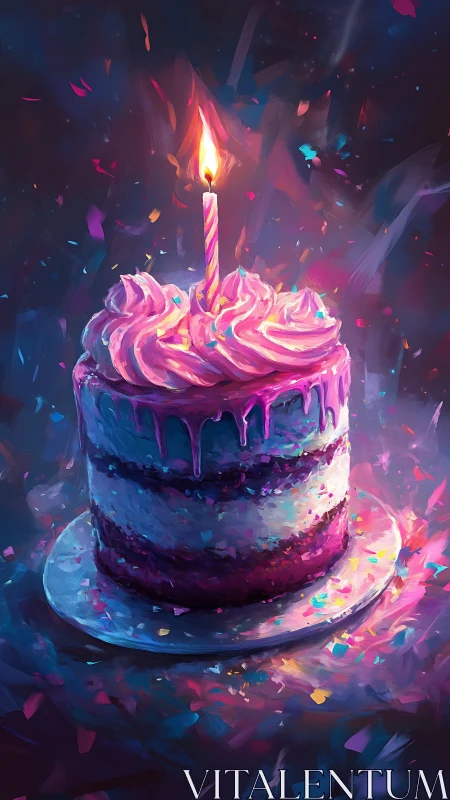 Layered Birthday Cake with Illuminated Candle in Vibrant Color Field